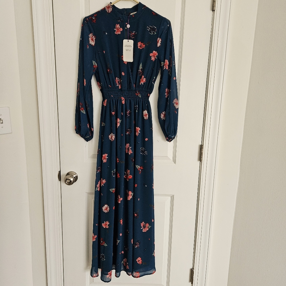Pink and Blue Long Sleeve Dress with Floral Pattern